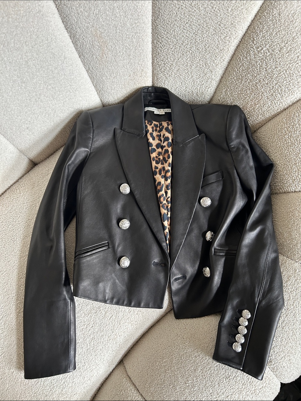 Veronica Beard Black Leather Double-Breasted Blazer with Leopard Lining